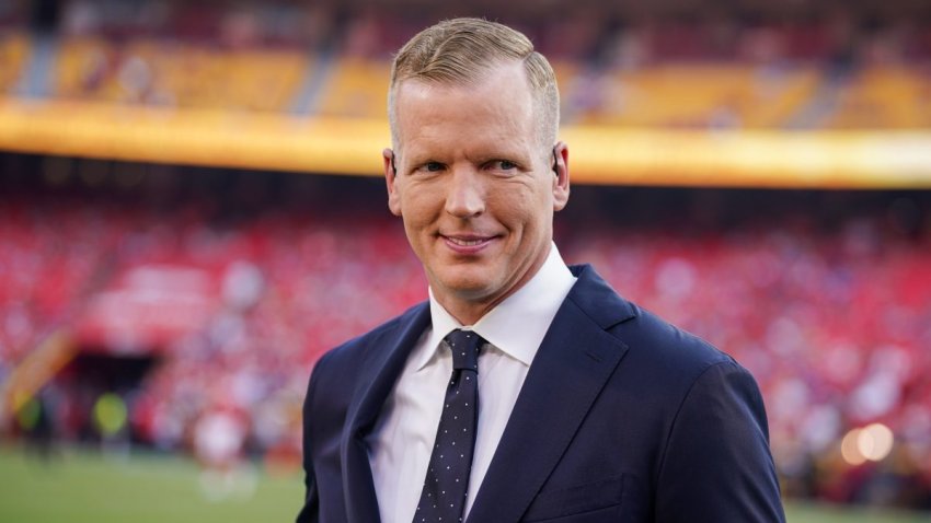 Sep 7, 2023; Kansas City, Missouri, USA; NBC Sports analyst Chris Simms on field prior to a game between the Kansas City Chiefs and Detroit Lions at GEHA Field at Arrowhead Stadium. Mandatory Credit: Denny Medley-USA TODAY Sports